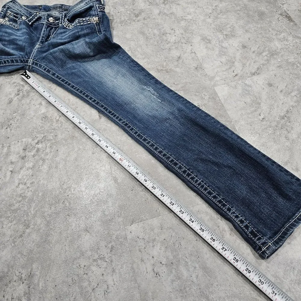 Miss Me Low Rise Distressed Denim Straight Jeans 28 Studded Flap Pockets Bling - Picture 4 of 12